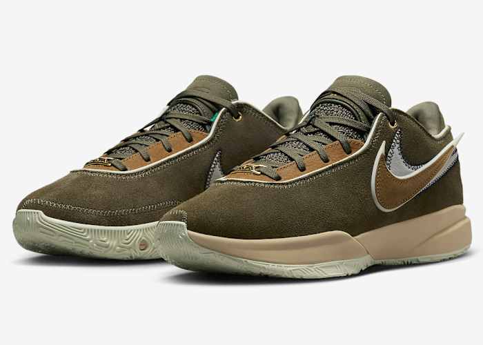 View of olive and brown LeBron shoes.